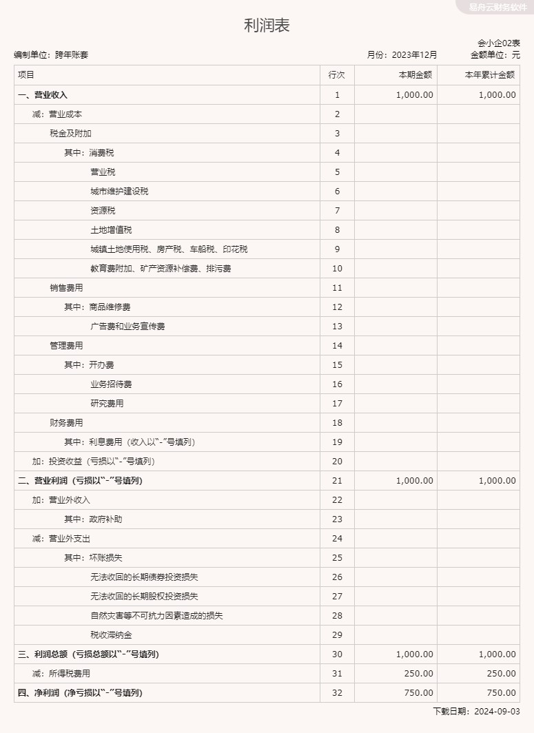 易舟云财务软件-利润表